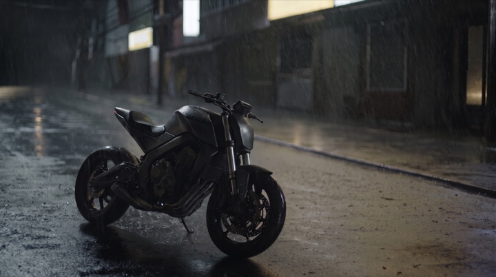 Night Ride scout frame: the same shot ungraded, petrol bike, signage still up