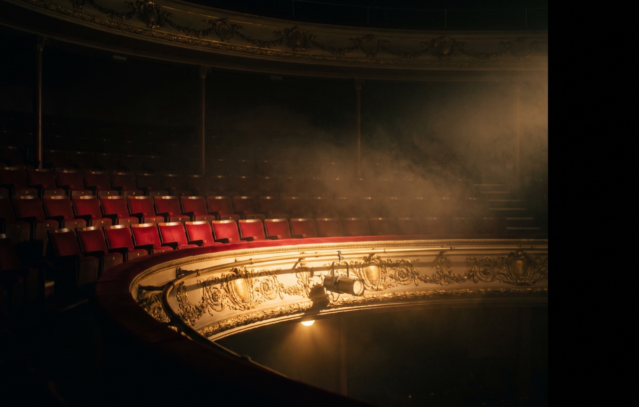 Grand Circle delivery frame: red velvet theatre seats rising into darkness