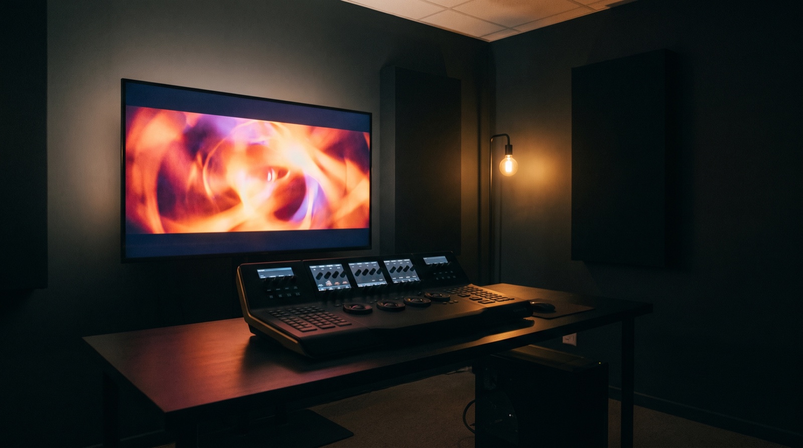 The Star Turn grade suite at night: a reference monitor glowing in a dark room above a control surface